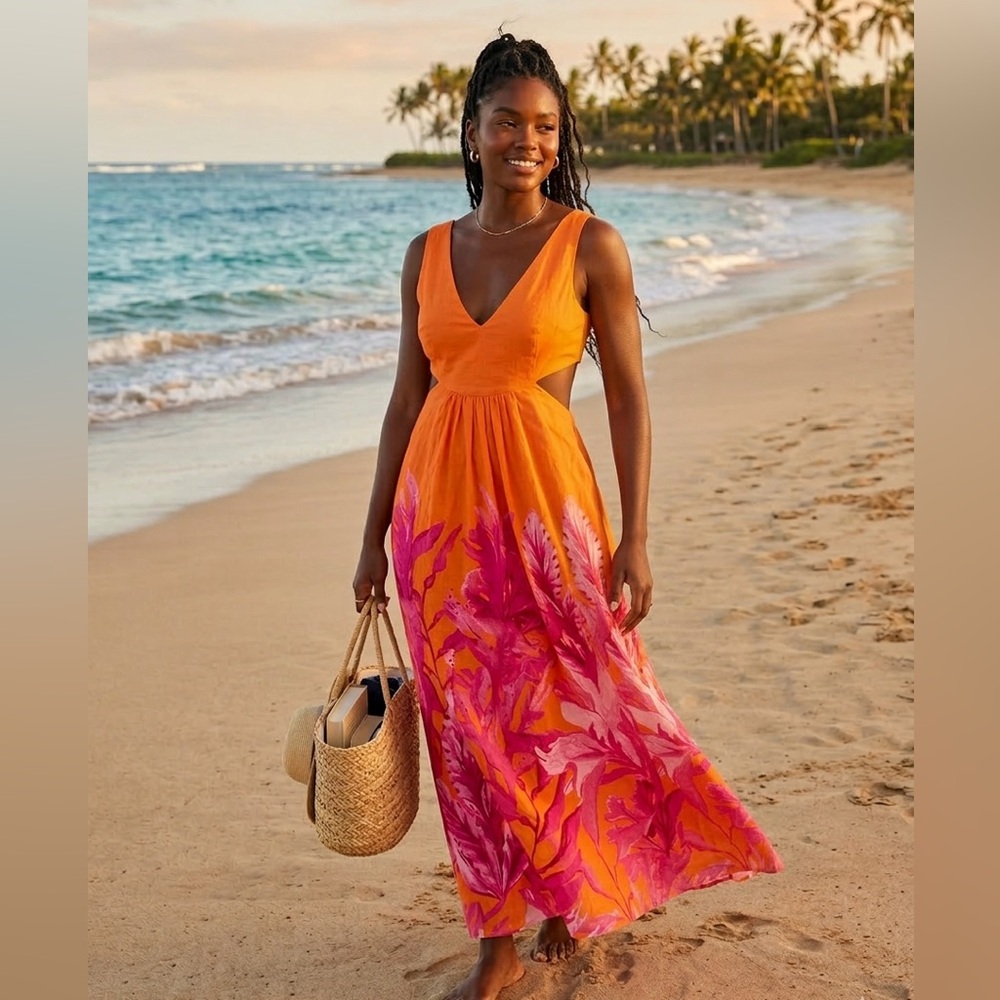 Anthropologie Orange and Pink Maxi Dress